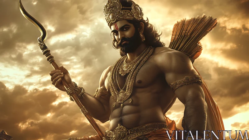 Mythic warrior archer in ornate gold armor under storm sky