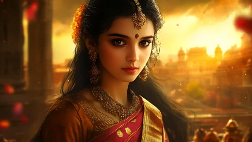Regal Indian woman in traditional attire at golden sunset.