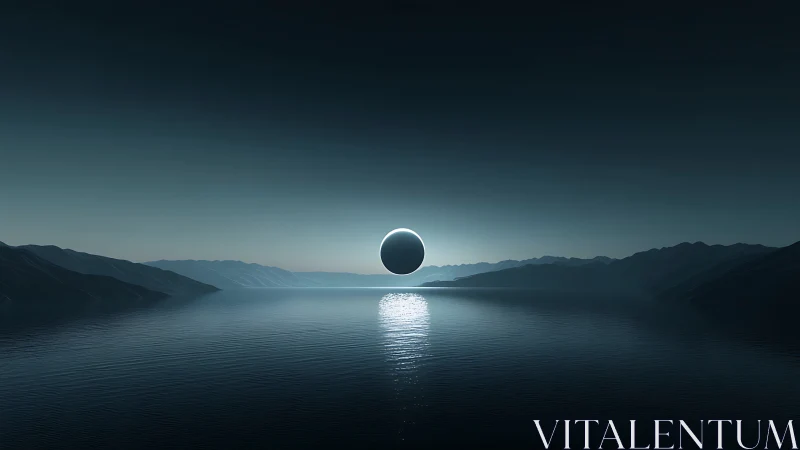 Spherical object over calm water between distant mountains.