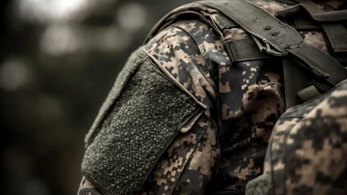 Close military uniform detail with digital camouflage pattern.