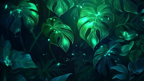 Glowing jungle leaves casting a soothing emerald dreamscape.