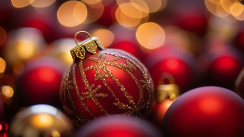 Glittering red Christmas bauble glows amid festive lights.