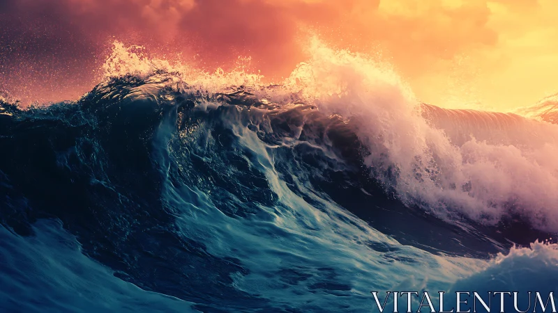 Sunlit ocean wave cresting under vivid orange sky.