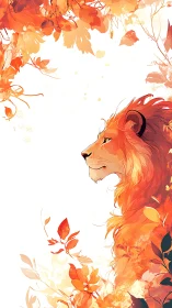Lion profile in warm autumn foliage illustration.