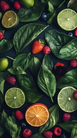Citrus slices with berries on dark basil leaf backdrop.
