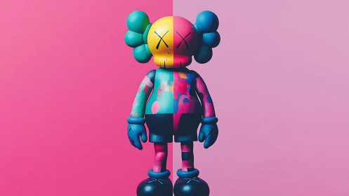 Colorful vinyl-style character stands against split pink wall