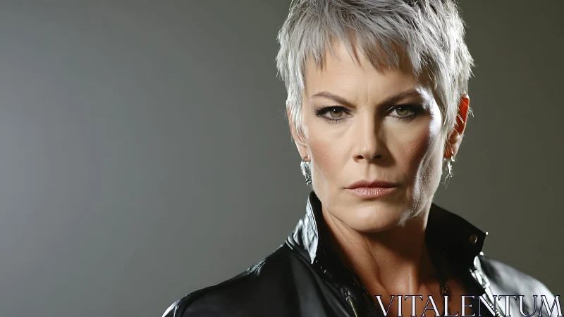 Studio portrait of stern woman with short silver hair, leather jacket