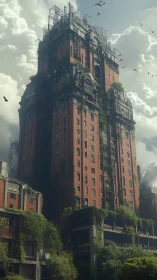 Post-apocalyptic red tower wrapped in reclaiming greenery.