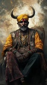 Seated figure wearing horned headdress and layered ornaments