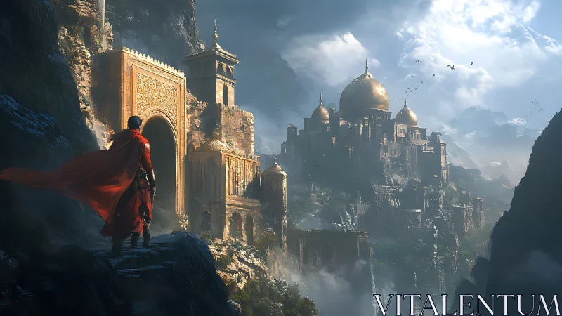 Lone cloaked wanderer nears misty golden mountain citadel.