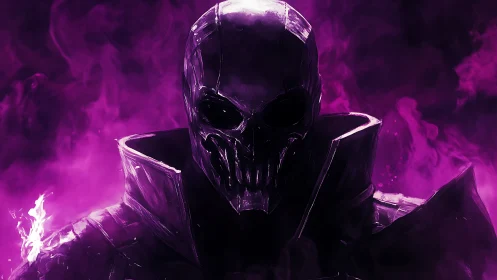 Shadowy skull figure glowing in mysterious violet smoke.