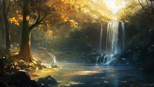 Golden woodland waterfall under soft ethereal sunlight.