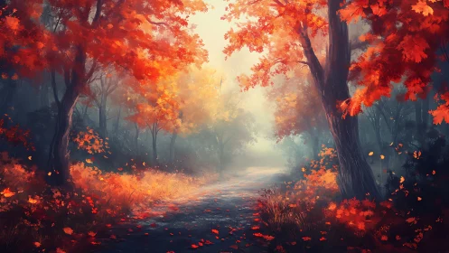 Autumn Forest Path Illuminated by Golden Falling Leaves