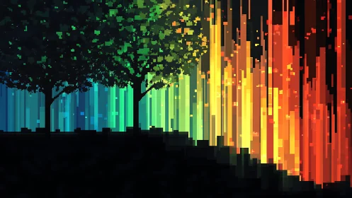 Pixel forest leans into a roaring rainbow curtain of light