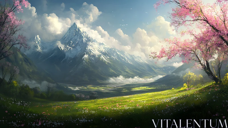 Panoramic alpine valley with snow peaks and spring blossom