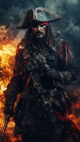 Storm-lit pirate captain strides forward through roaring fire