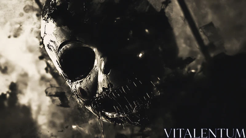 Metallic skull emerges through swirling smoke and shadow