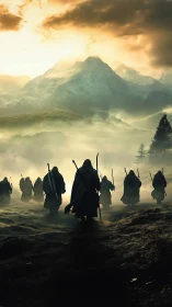 Wanderers of the misted pass beneath a burning dawn sky.