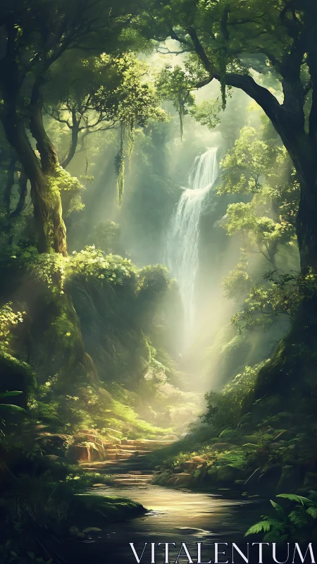 Misty Forest Waterfall Cascading Through Ancient Trees