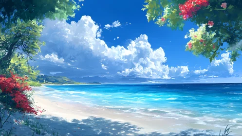 Luminous tropical shoreline under towering cumulus clouds.