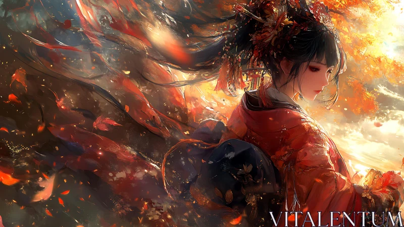 Autumn kimono maiden amid swirling scarlet leaves. Period.