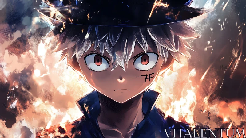 Determined anime boy stands amid blazing abstract firelight