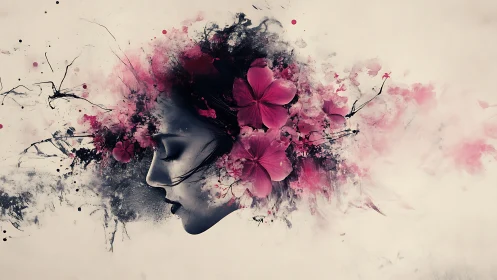 Profile portrait merged with abstract pink floral ink art.