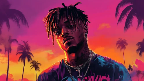 Neon-lit urban portrait against tropical sunset sky.