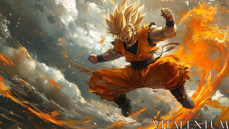 Supercharged anime warrior amid swirling firestorm sky.