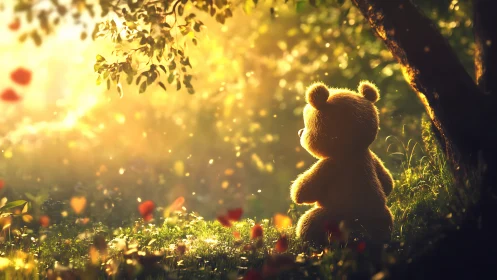 Plush bear watches golden forest sunrise through drifting petals