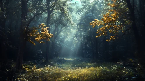 Atmospheric Forest Clearing with Deciduous Canopy Illumination and Golden Foliage