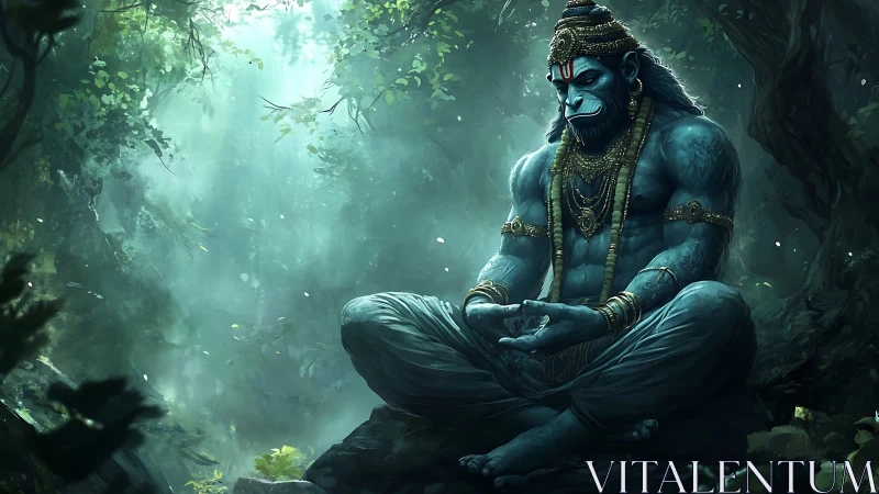 Forest guardian in tranquil blue meditation glow.