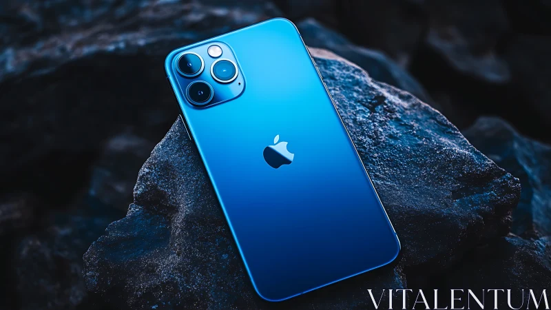 Brilliant Blue iPhone Pro Gleaming on Moody Stone.