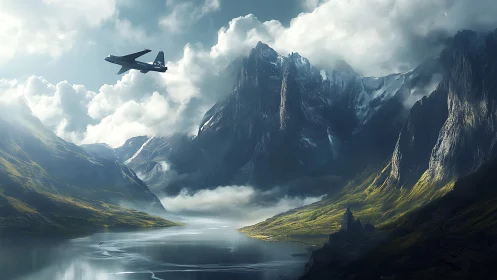 Futuristic jet over misty fjord and towering fantasy peaks.