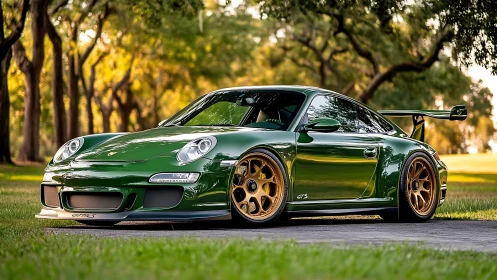 Emerald green sports car rests low and sleek under soft trees