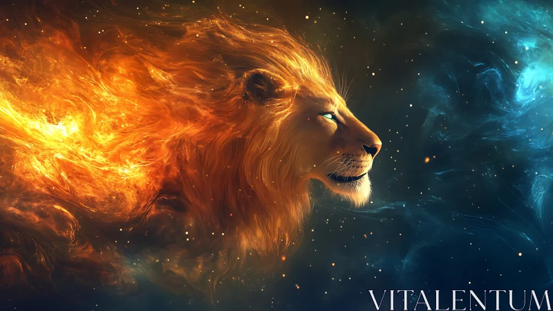Fiery cosmic lion head emerging in glowing deep space.