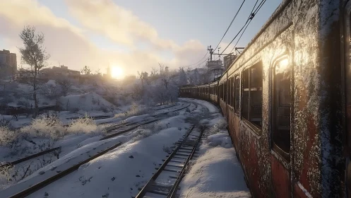Snow covered railway and train move through winter landscape
