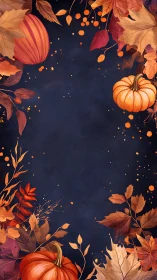 Autumn pumpkins framed by warm foliage on deep navy background.