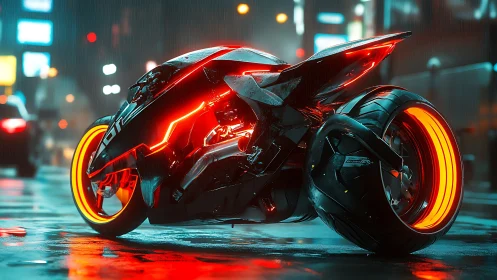 Futuristic neon motorcycle on wet cyberpunk city street.