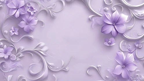Baroque Floral Composition with Volumetric Purple Petals and Ornamental Filigree.