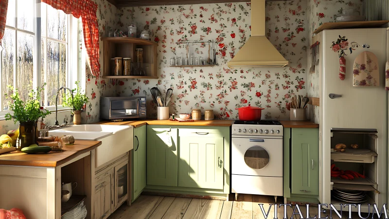 Sunlit country kitchen interior with retro appliances rendered.