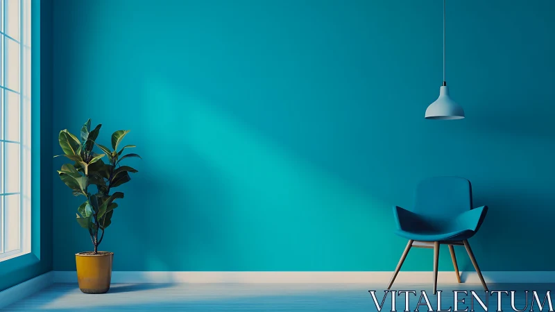 Sunlit teal corner cradling a lone chair and golden plant pot.