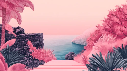 Tropical coastal path with pink foliage and calm sea.