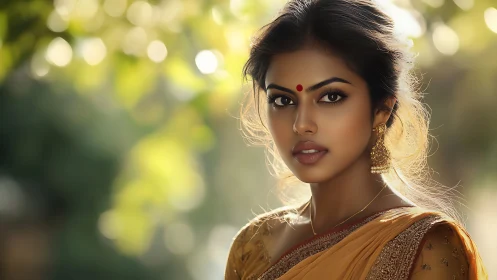 Elegant woman in traditional Indian attire, soft golden bokeh portrait.