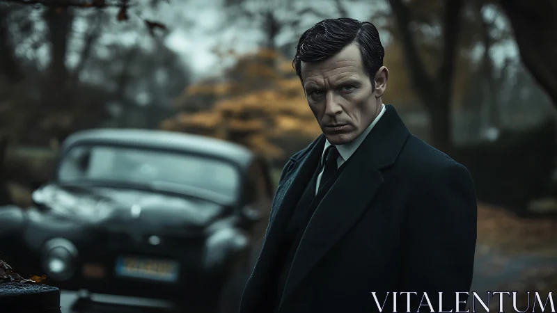 Stern man in dark overcoat stands before vintage car.
