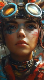 Postapocalyptic scout portrait with reflective tech goggles.