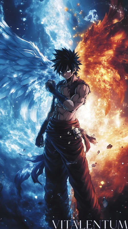 Winged warrior commands blazing fire and frozen storm.