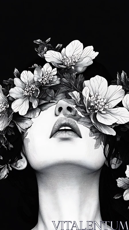Woman’s veiled gaze emerges beneath blooming monochrome flowers.