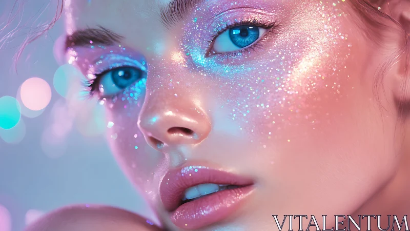 Glittered pastel makeup on close-up blue-eyed portrait.