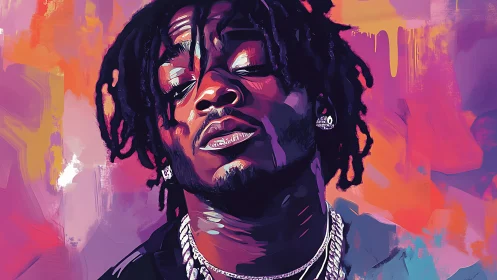 Vibrant digital portrait of hip hop figure in neon palette.